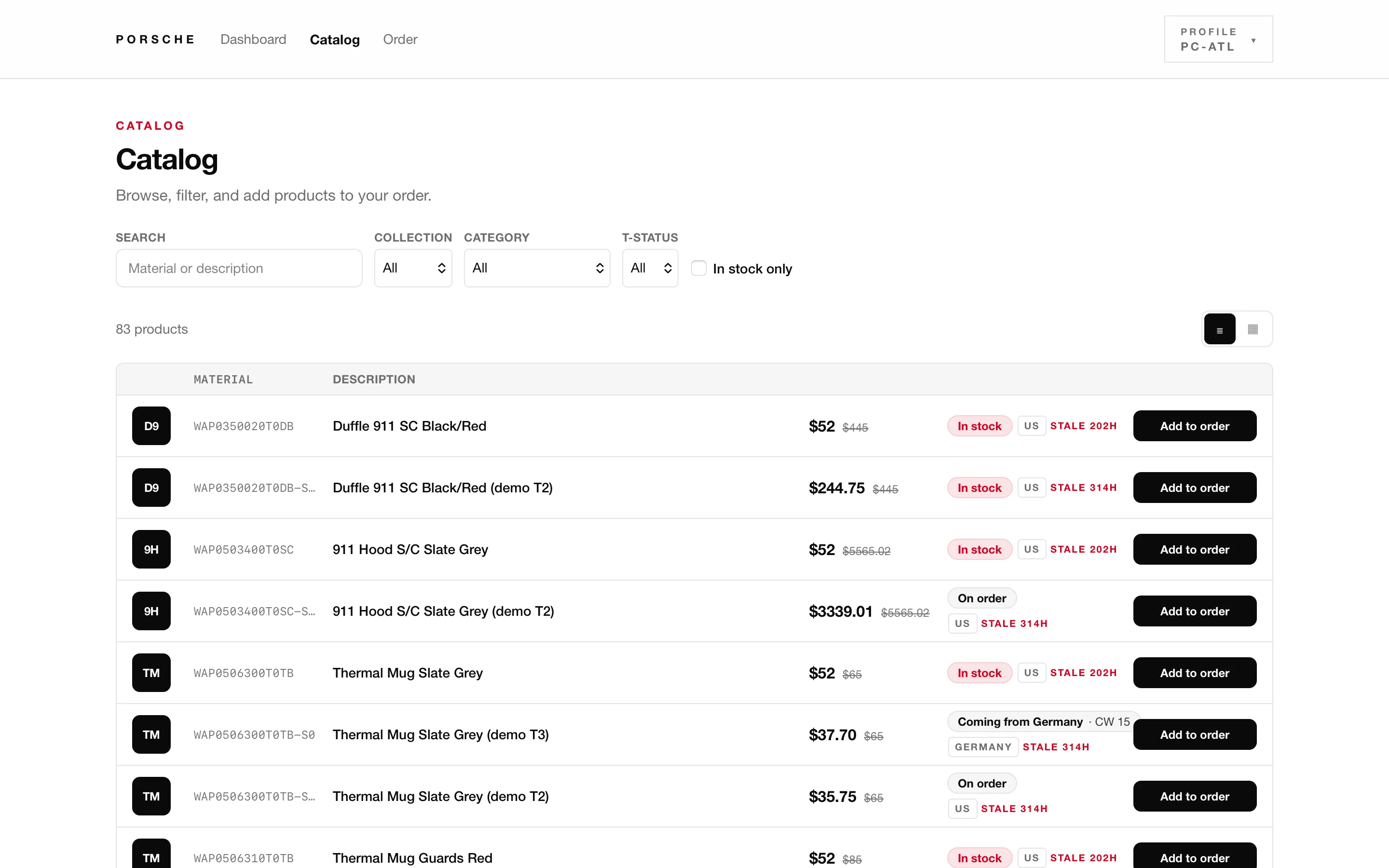 Catalog table with filters and live availability