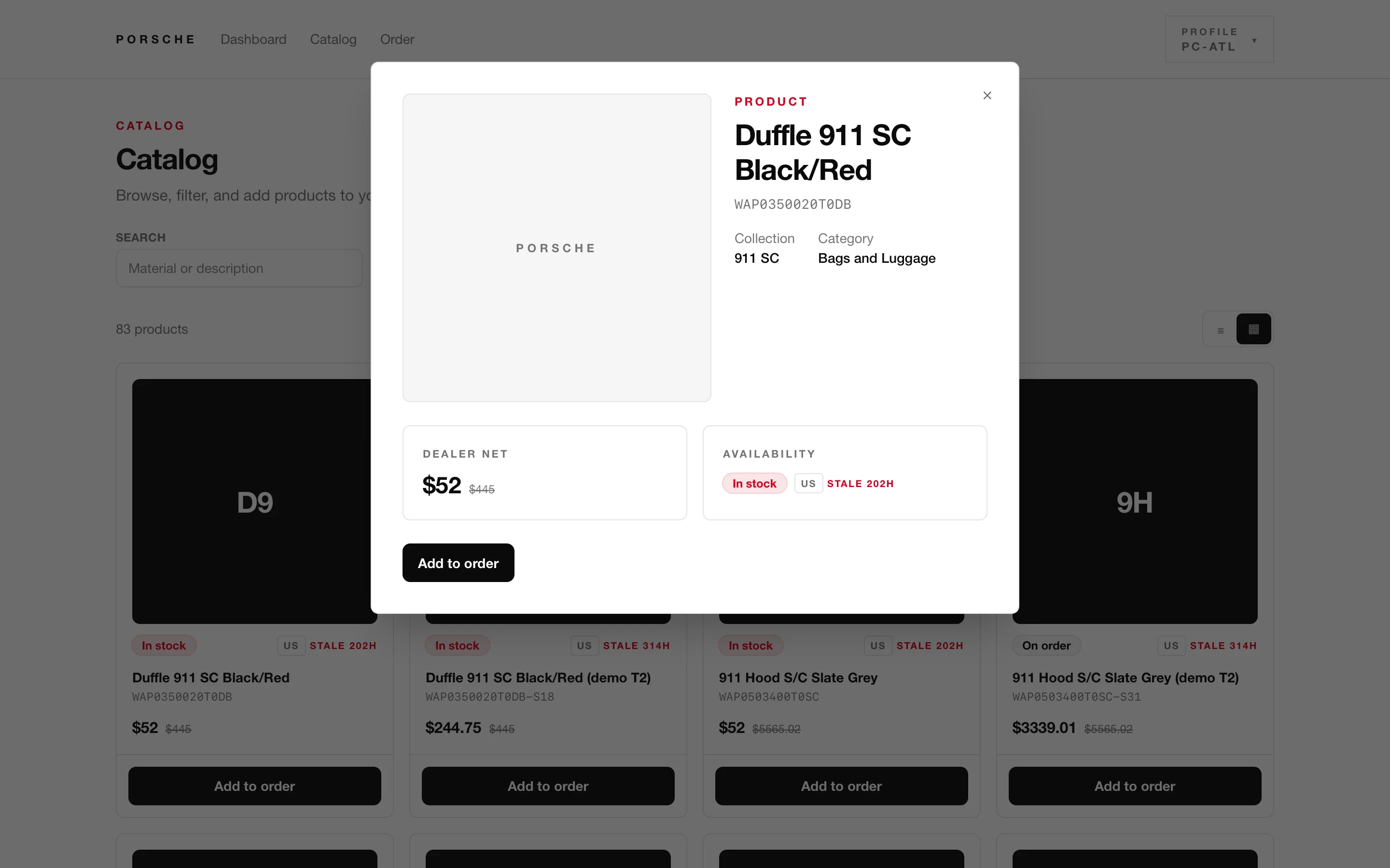 Product quick view with pricing and availability
