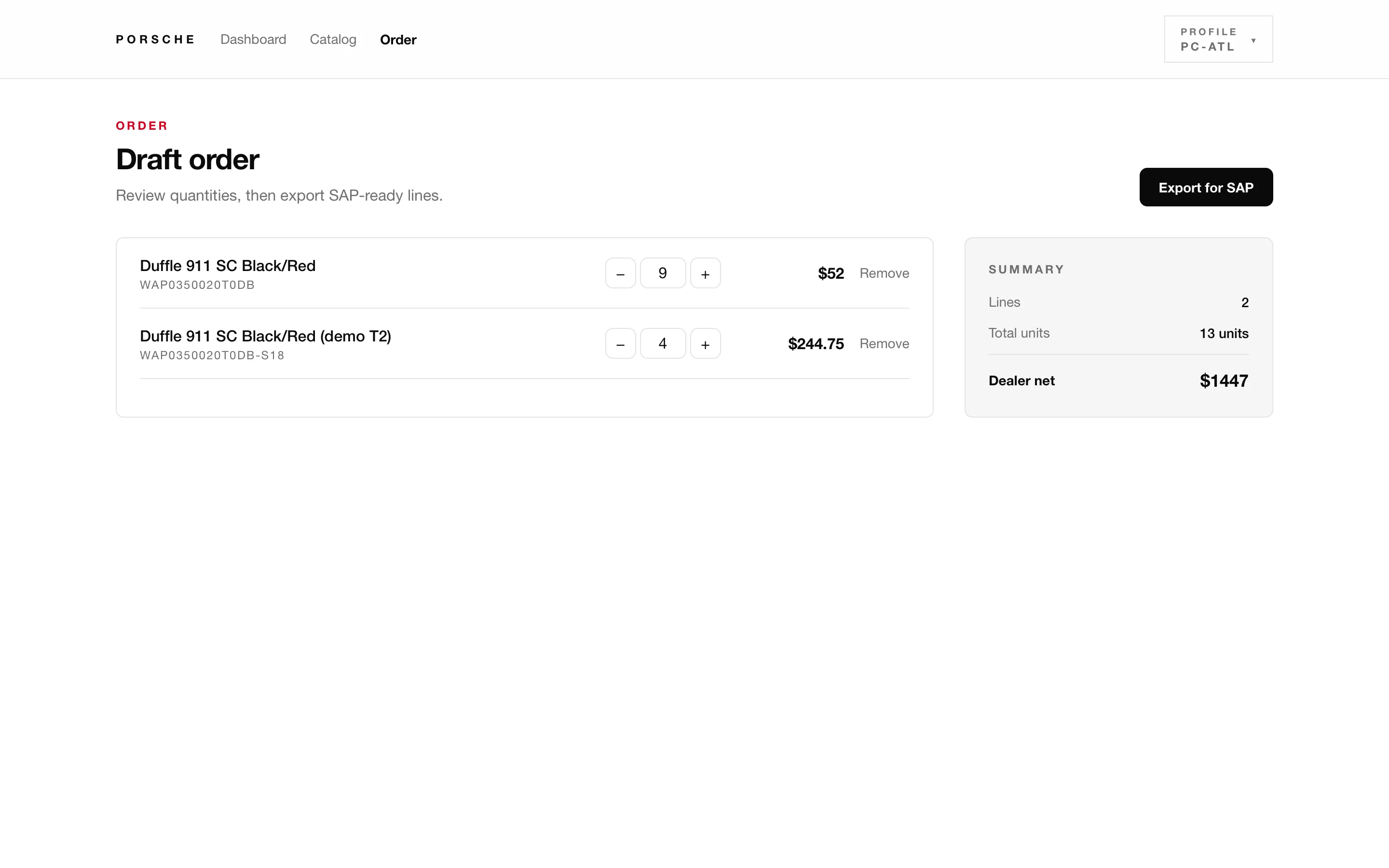 Draft order review and SAP export